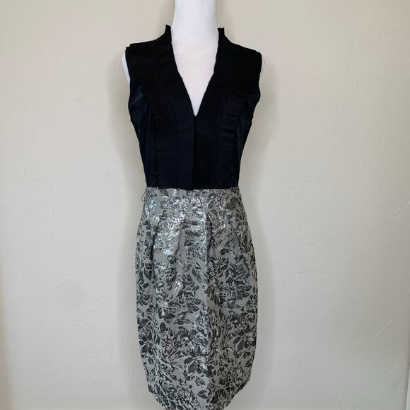 BCBGMAXAZRIA Pleat Ruffle Silver Brocade Dress Size 10 - Picture 1 of 13